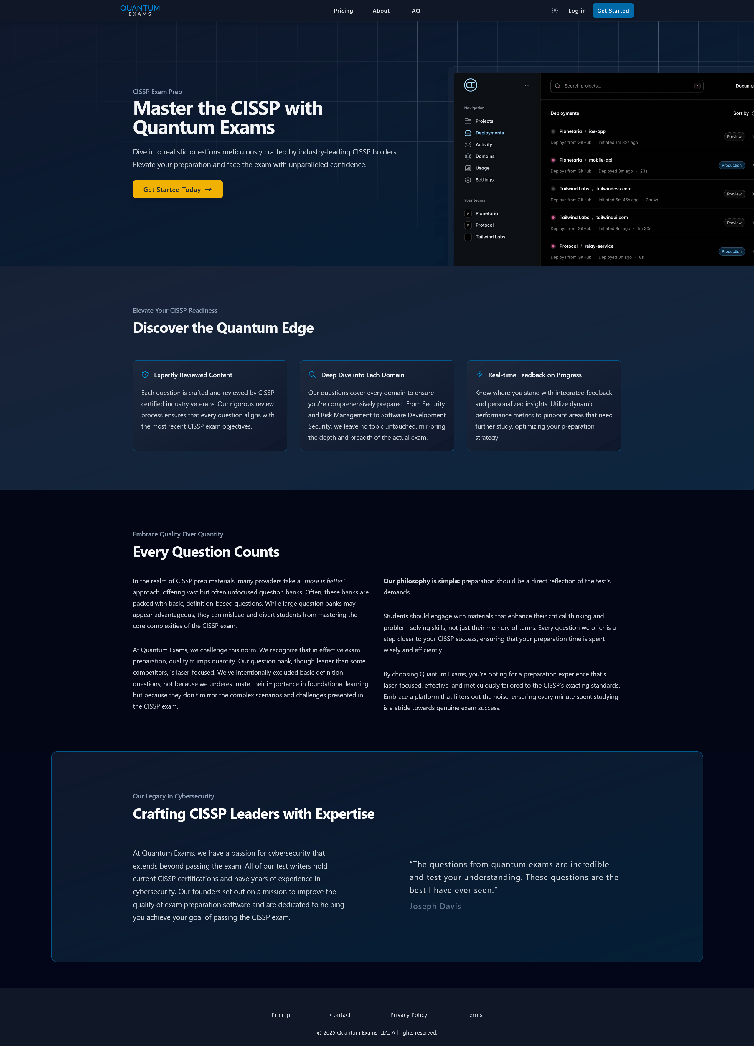 Full page Screenshot of Quantum Exams website in dark mode.