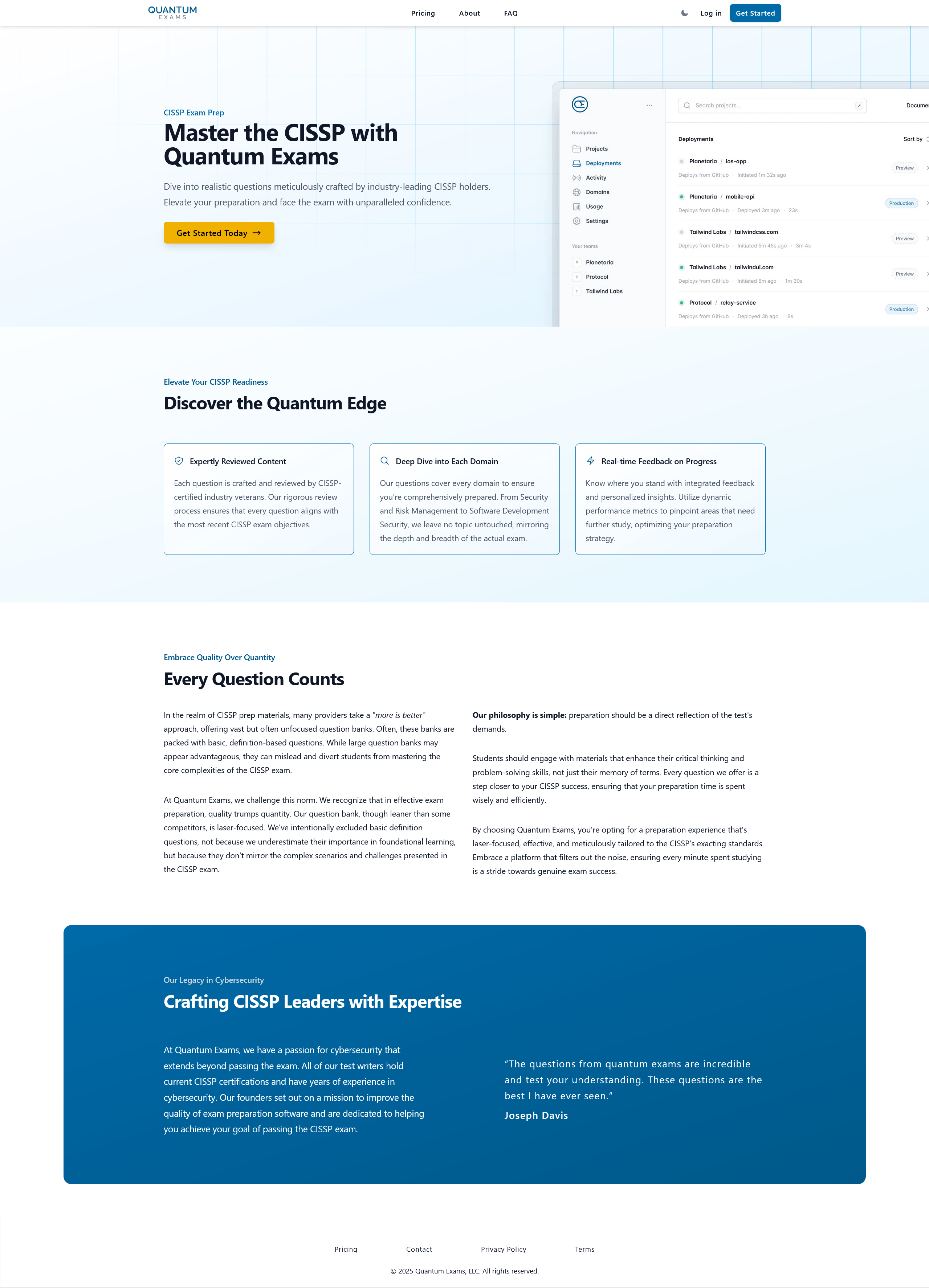 Full page Screenshot of Quantum Exams website.