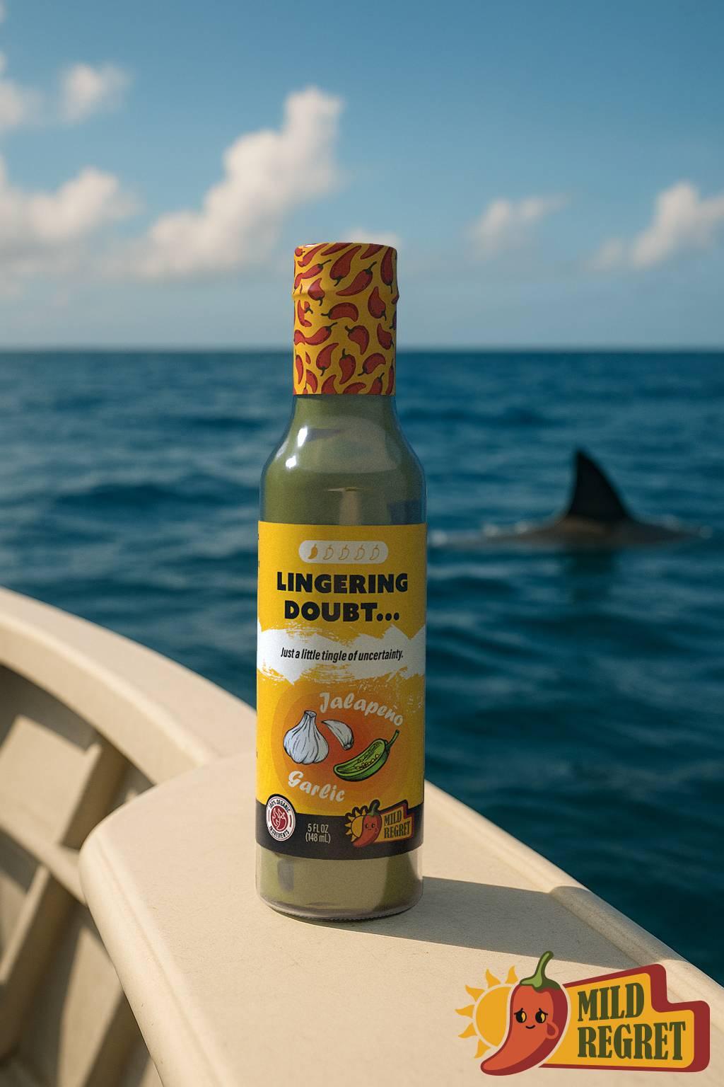 Mild Regret Lingering Doubt hot sauce on a boat in the ocean with a shark in the water.