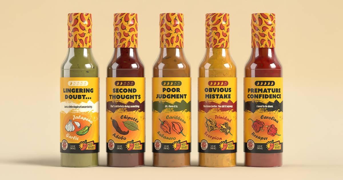 Mild Regret hot sauce lineup on a light tan background.