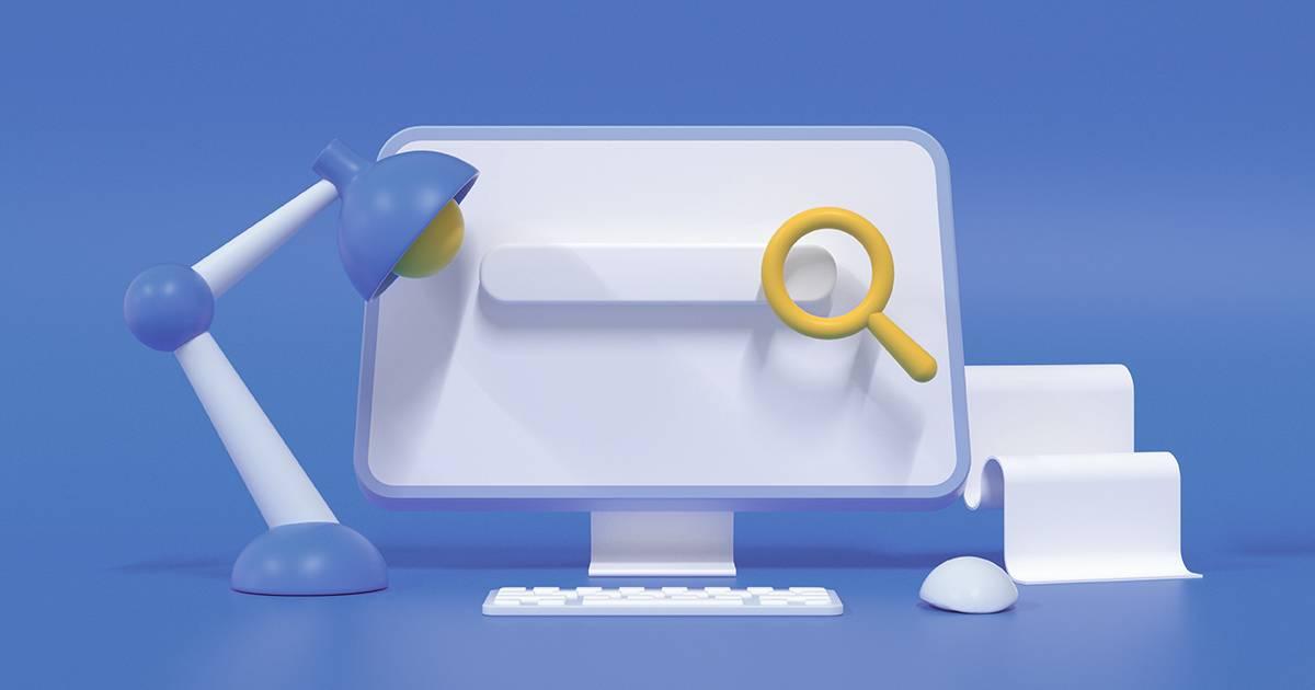 3D clay-like illustration of a desktop computer with a searchbar and cursor on the screen, a keyboard, mouse, lamp and a sheet of paper.